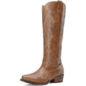 Womens Faux Leather Brown Knee High Chunky Heel Side Zipper Embroidered Boots